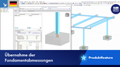 Visualisierung der Übernahme einzelner Fundamentabmessungen bei der Fußpunktbemessung in einer Software. Screenshot eines Dialogfensters mit optionalen Eingabefeldern für Parameter wie Breite, Länge und Tiefe. Es gibt visuelle Hinweise zur Verwendung dieser Parameter bei der statischen Berechnung. Professionelles Ingenieursoftwaremodell zur Unterstützung der strukturellen Analyse.