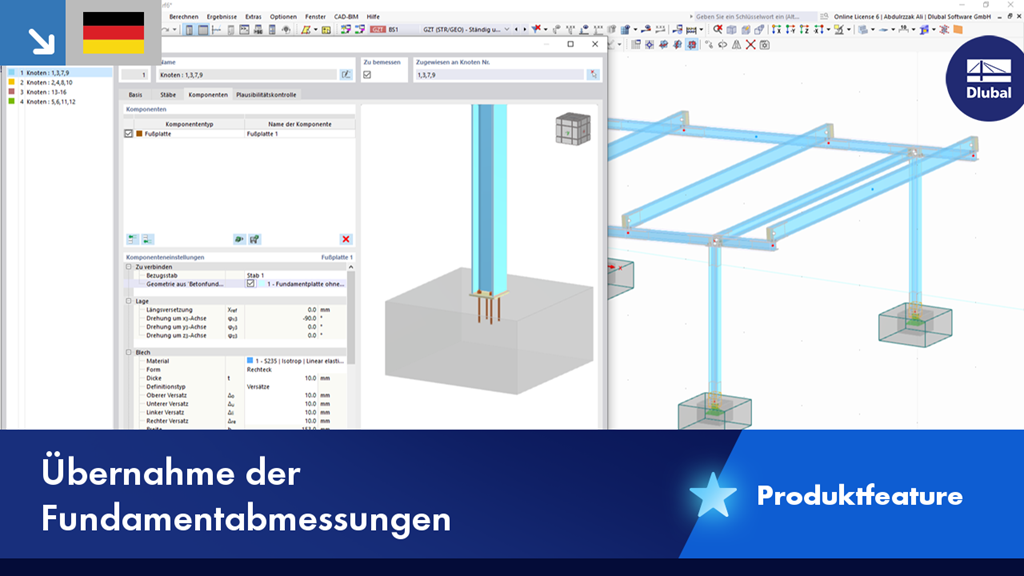 Visualisierung der Übernahme einzelner Fundamentabmessungen bei der Fußpunktbemessung in einer Software. Screenshot eines Dialogfensters mit optionalen Eingabefeldern für Parameter wie Breite, Länge und Tiefe. Es gibt visuelle Hinweise zur Verwendung dieser Parameter bei der statischen Berechnung. Professionelles Ingenieursoftwaremodell zur Unterstützung der strukturellen Analyse.