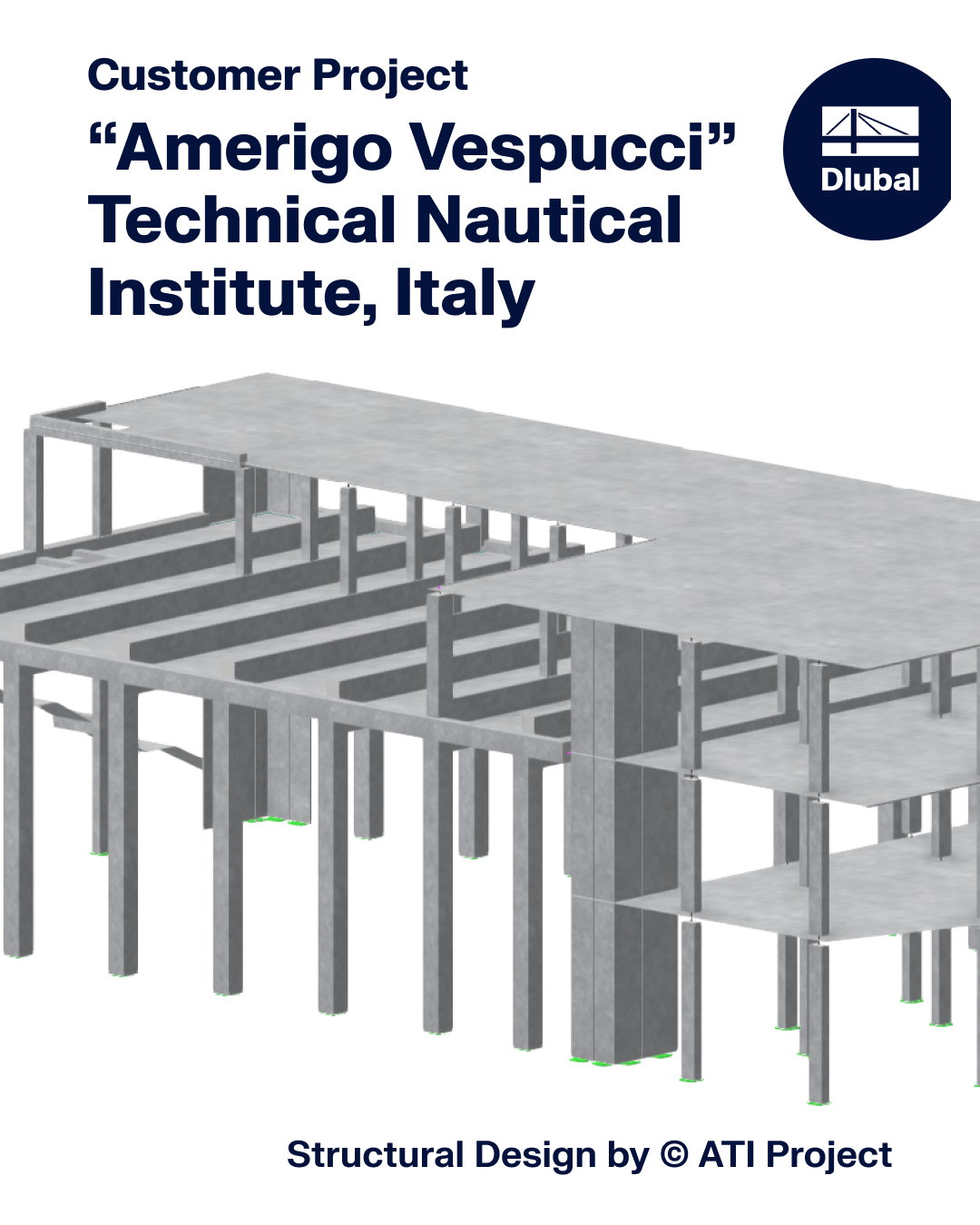 Statikmodell des Technischen Instituts für Nautik Amerigo Vespucci in Italien mit komplexer Geometrie und Designelementen.