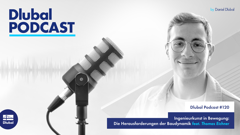 Illustration der Dlubal Podcast Episode 120 über technische Themen und Bauprozesse.