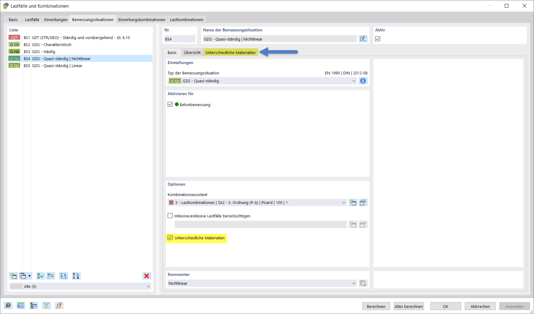 Einstellung für Bemessungssituationen in RFEM 6 mit verschiedenen Materialien aktiviert.