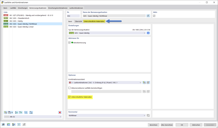 Einstellung für Bemessungssituationen in RFEM 6 mit verschiedenen Materialien aktiviert.