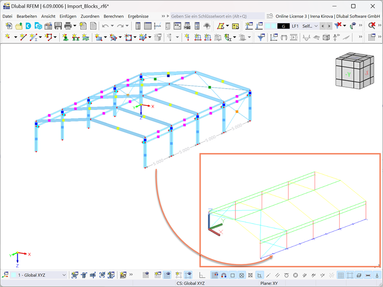 Die Option zum Exportieren von Abmessungen beim Exportieren von Daten aus RFEM 6 in DXF-Dateien ist hervorgehoben und ihre Integrations- und Einstellungsoberfläche wird gezeigt.
