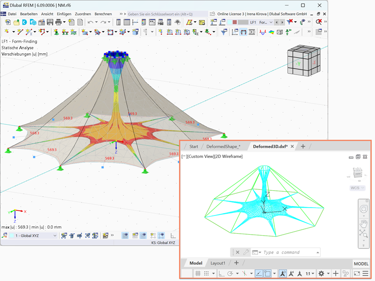 Das Bild zeigt die RFEM 6-Funktion, mit der verformte Formen als 3D-Flächen in DXF-Dateien exportiert werden können, um erweiterte statische Analysen durchzuführen und Daten auszutauschen.