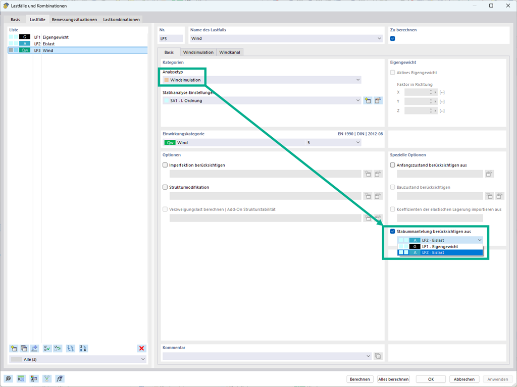 Simulation von Windlasten auf Strukturen mit optionalen Stabummantelungen.
