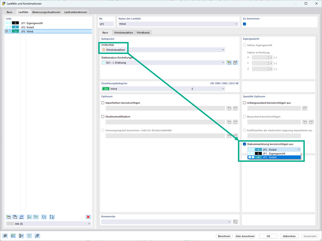 Simulation von Windlasten auf Strukturen mit optionalen Stabummantelungen.
