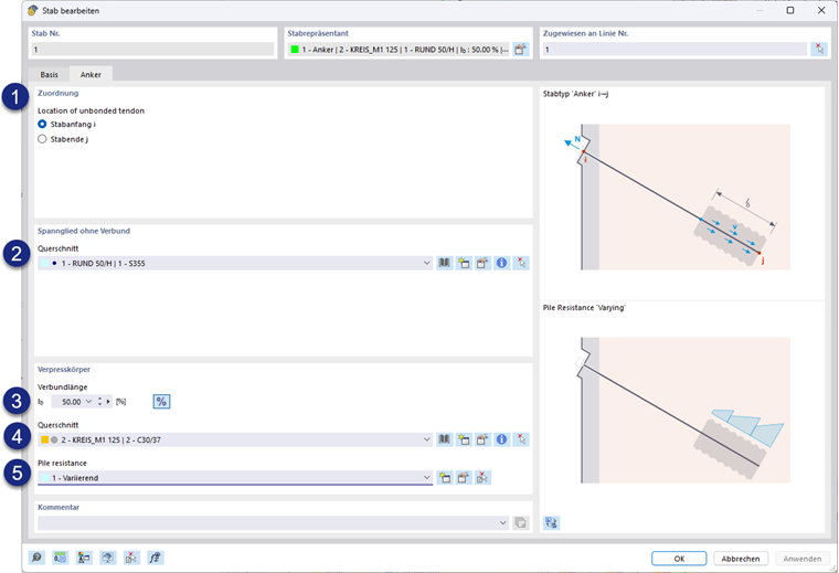 Registerkarte "Anker" im Stäbe-Dialog mit Auswahlfeldern für Spanngliedeinstellungen.