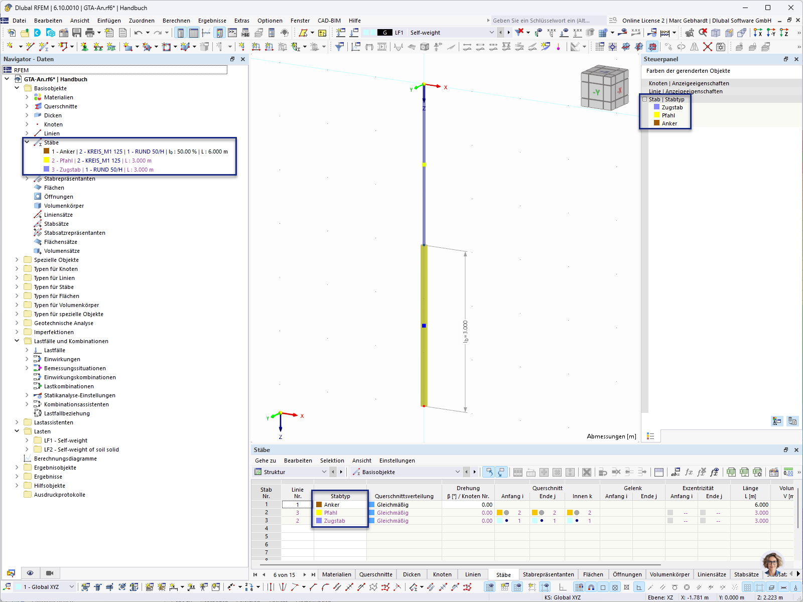 Programmoberfläche zeigt Anker mit generierten Zugstäben und Pfählen in detaillierter Ansicht.