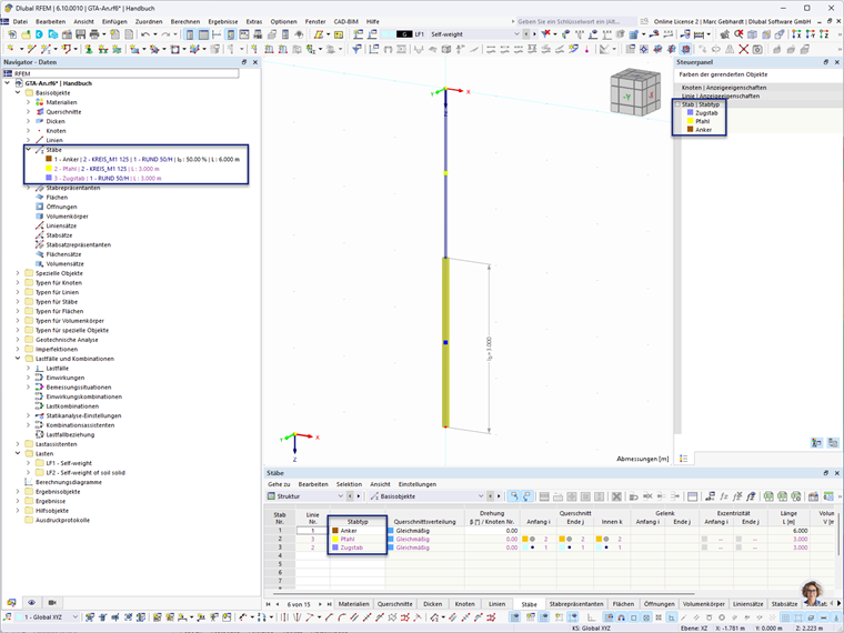 Programmoberfläche zeigt Anker mit generierten Zugstäben und Pfählen in detaillierter Ansicht.