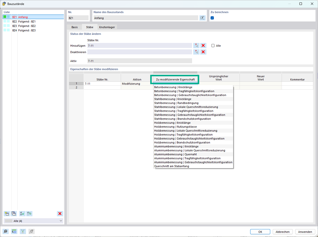 Die Bauzustandsanalyse ermöglicht die Anpassung von Eigenschaften wie Stäben und Flächen in verschiedenen Bauphasen.