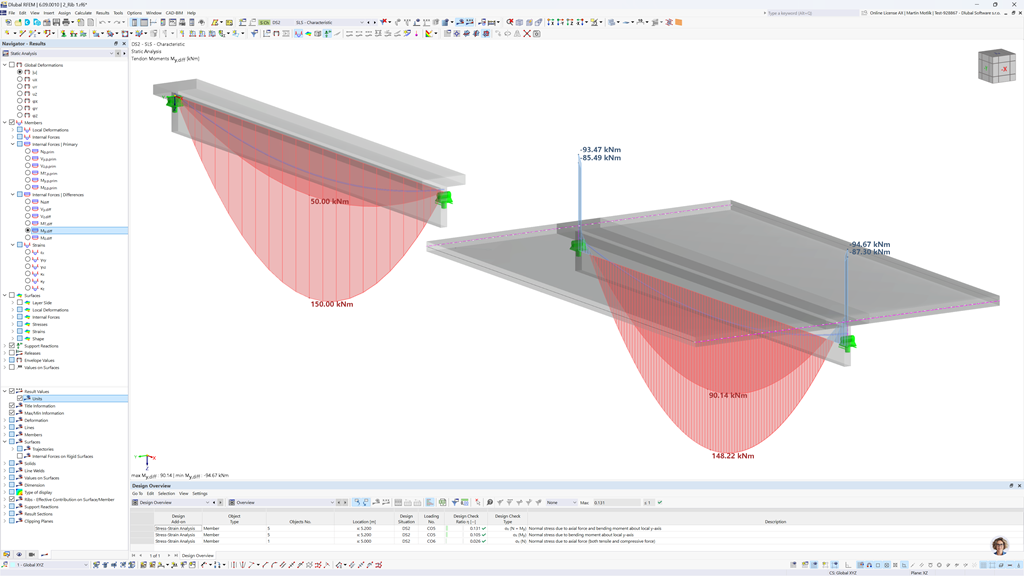 Modell eines Betonträgers mit vorgespannter Bewehrung und Biegemomenten My, diff, mit der Technologie des RFEM 6-Add-Ons Spannglieder.