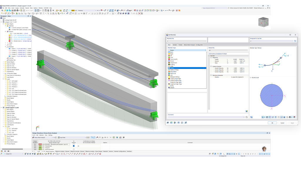 3D-Darstellung eines Einfeldbetonträgers mit sichtbaren Spanngliedern, die die Platzierung der Spannglieder veranschaulicht.