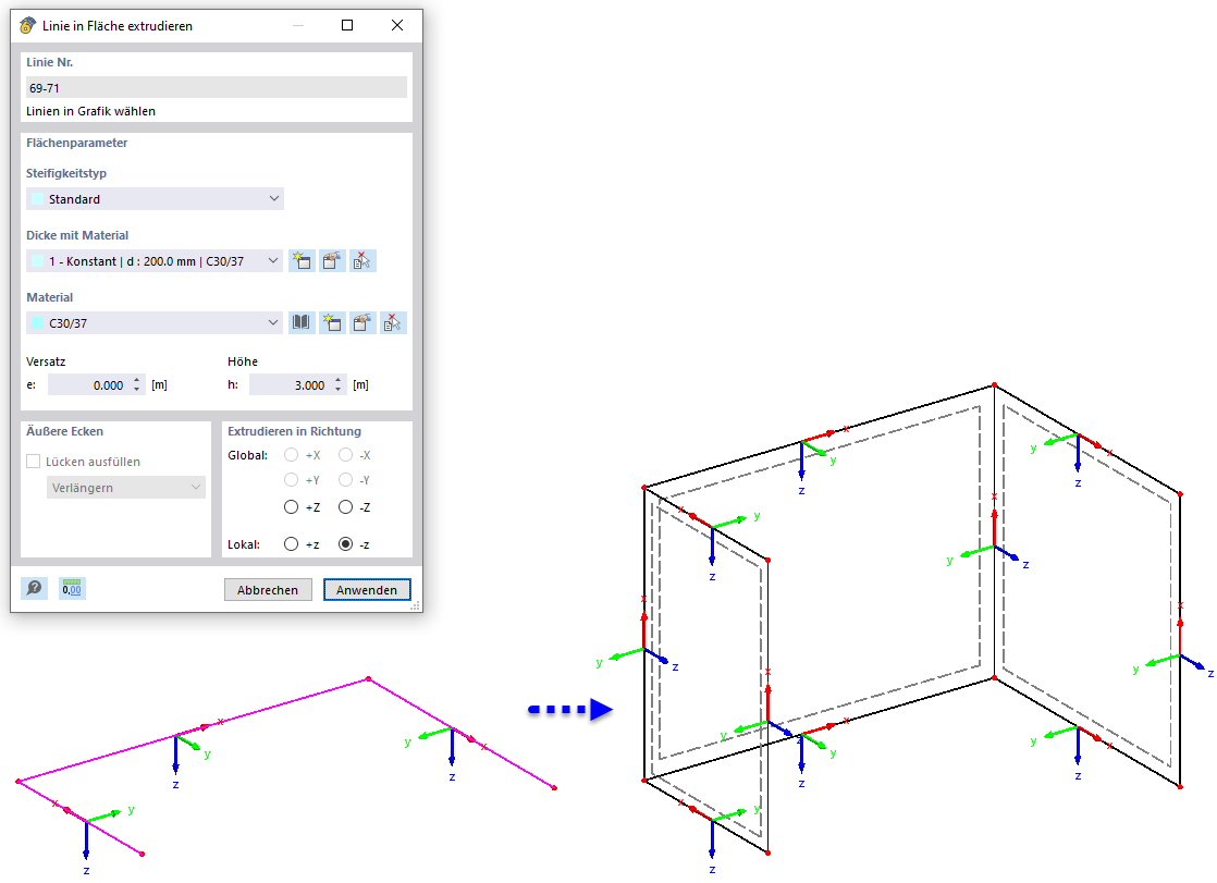 Linien in Flächen extrudieren mit Ergebnis