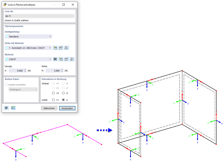 Linien in Flächen extrudieren mit Ergebnis