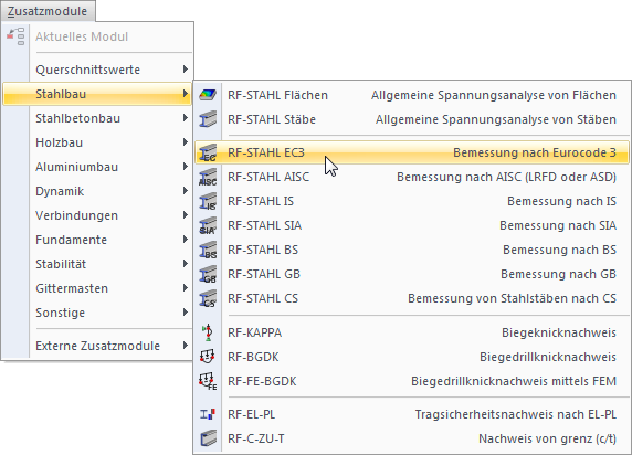 Das Menü des Zusatzmoduls für Stahlbau im RF-STAHL EC3 wird angezeigt.