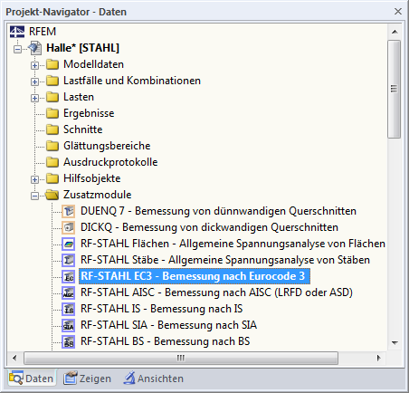 Daten-Navigator für das Zusatzmodul RF-STAHL EC3 zeigt strukturierte Modulübersicht.