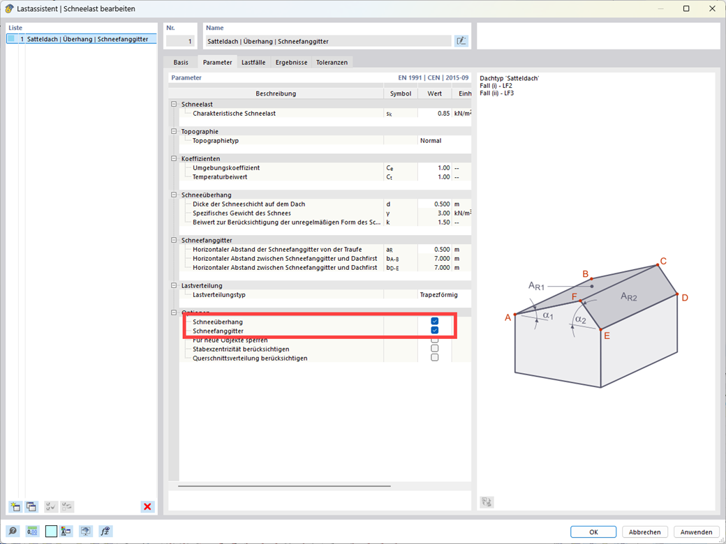 Schneelast-Assistent mit Optionen für Schneeüberhang und Schneefanggitter nach Eurocode.