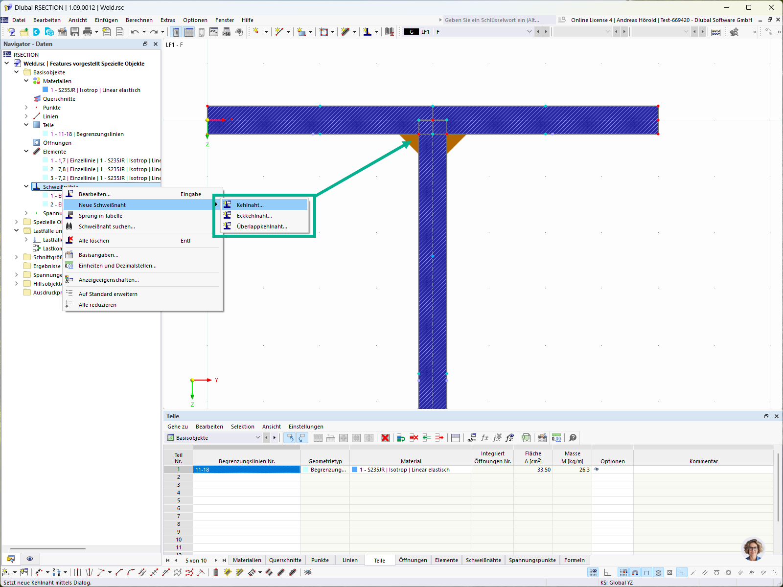 Querschnittsdefinition in RSECTION mit Schweißnähteinstellungen. Möglichkeit zur Berechnung von Schweißnahtspannungen für Kehlnähte erkennbar.