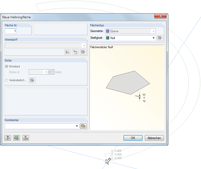 Dialogfenster zur grafischen Definition einer Halbringfläche in einer Softwareanwendung.