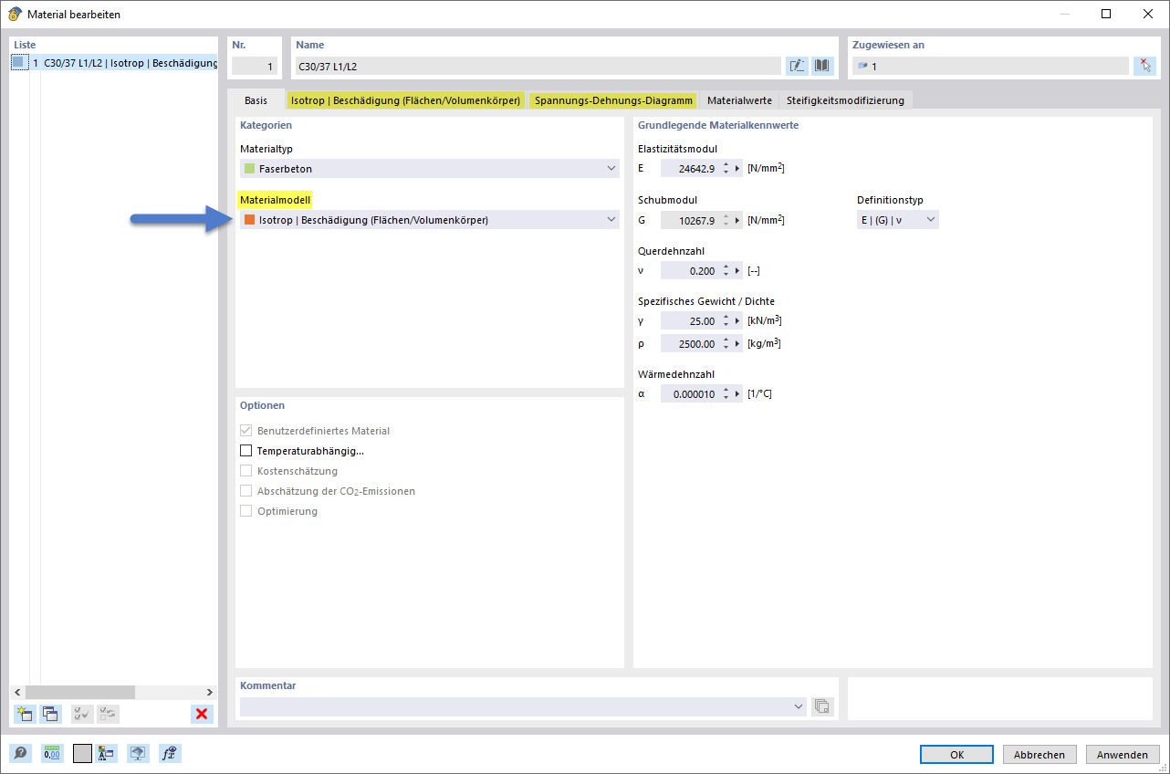 Materialmodell für nichtlineare Faserbetonanalyse mit Isotrop beschädigungsmodell gewählt.