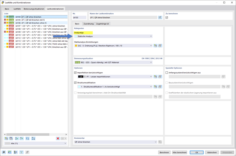 Die Darstellung einer Flächenanalyse in einem statischen System zeigt verschiedene Belastungsszenarien.