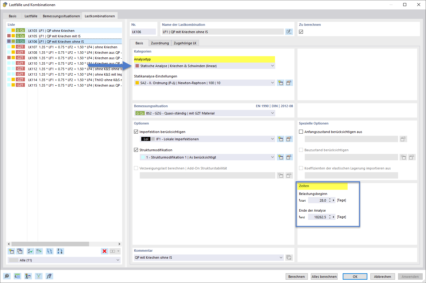 Veranschaulichung der Kriech- und Schwindeffekte einer Baukonstruktion in einem statischen Modell.