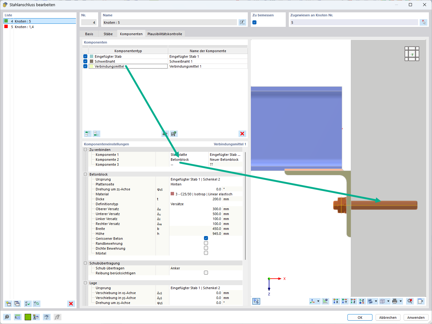 Detailansicht von Ankerverbindungen in einem Betonblock in der Softwarefunktion für Stahlanschlüsse.