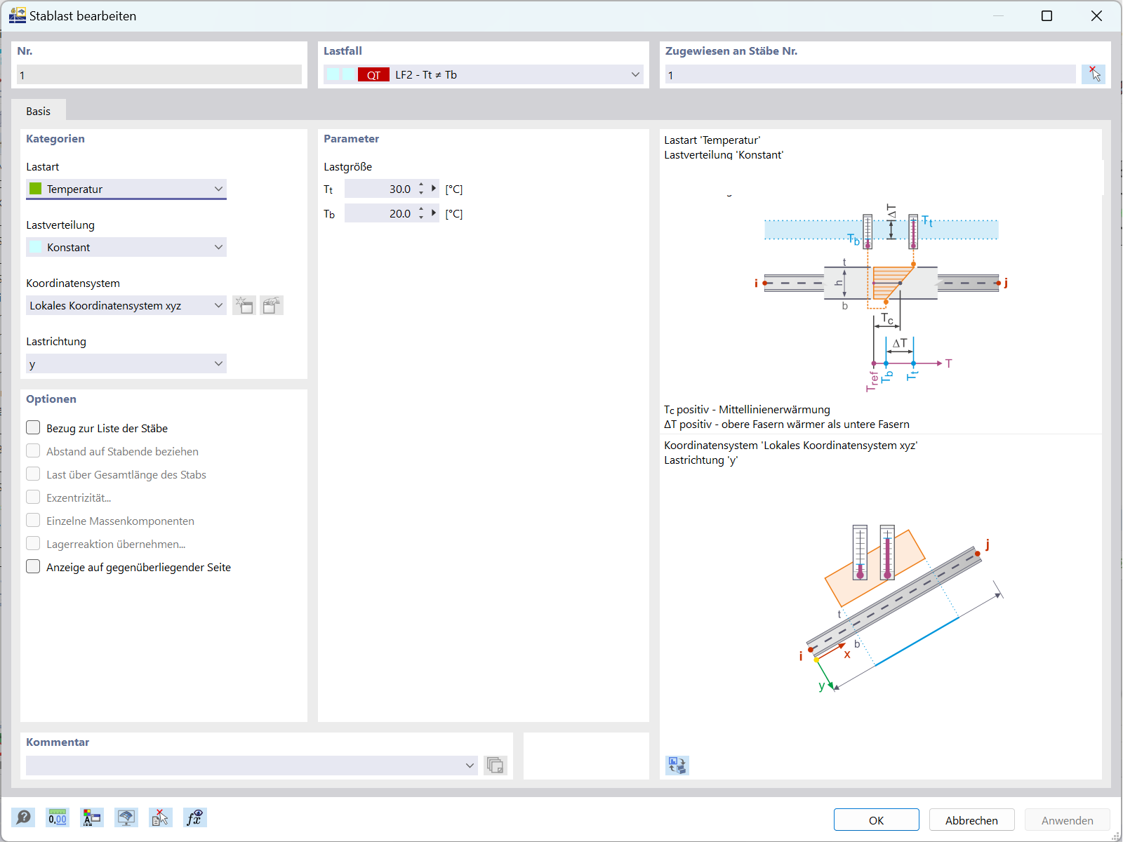 Das Bild zeigt das Temperaturlast-Feature von RFEM 6, das die Konfiguration für die obere und untere Temperaturregelung des Bauteils zeigt.