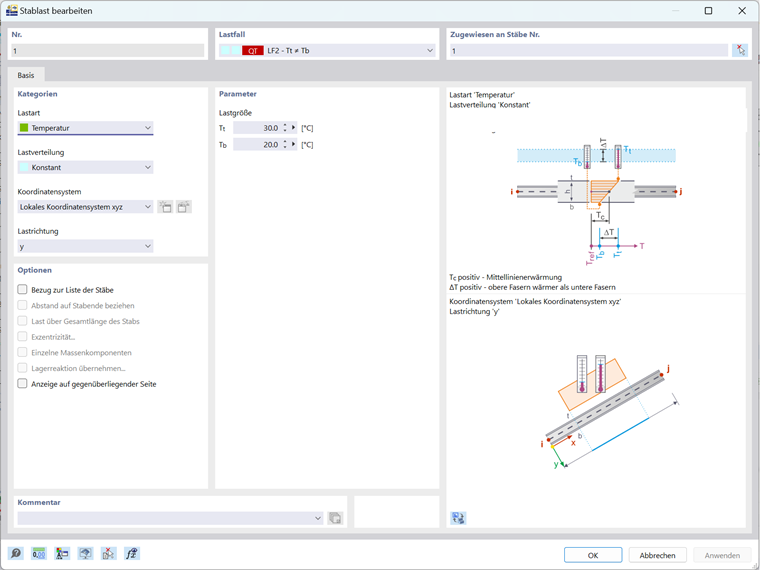 Das Bild zeigt das Temperaturlast-Feature von RFEM 6, das die Konfiguration für die obere und untere Temperaturregelung des Bauteils zeigt.