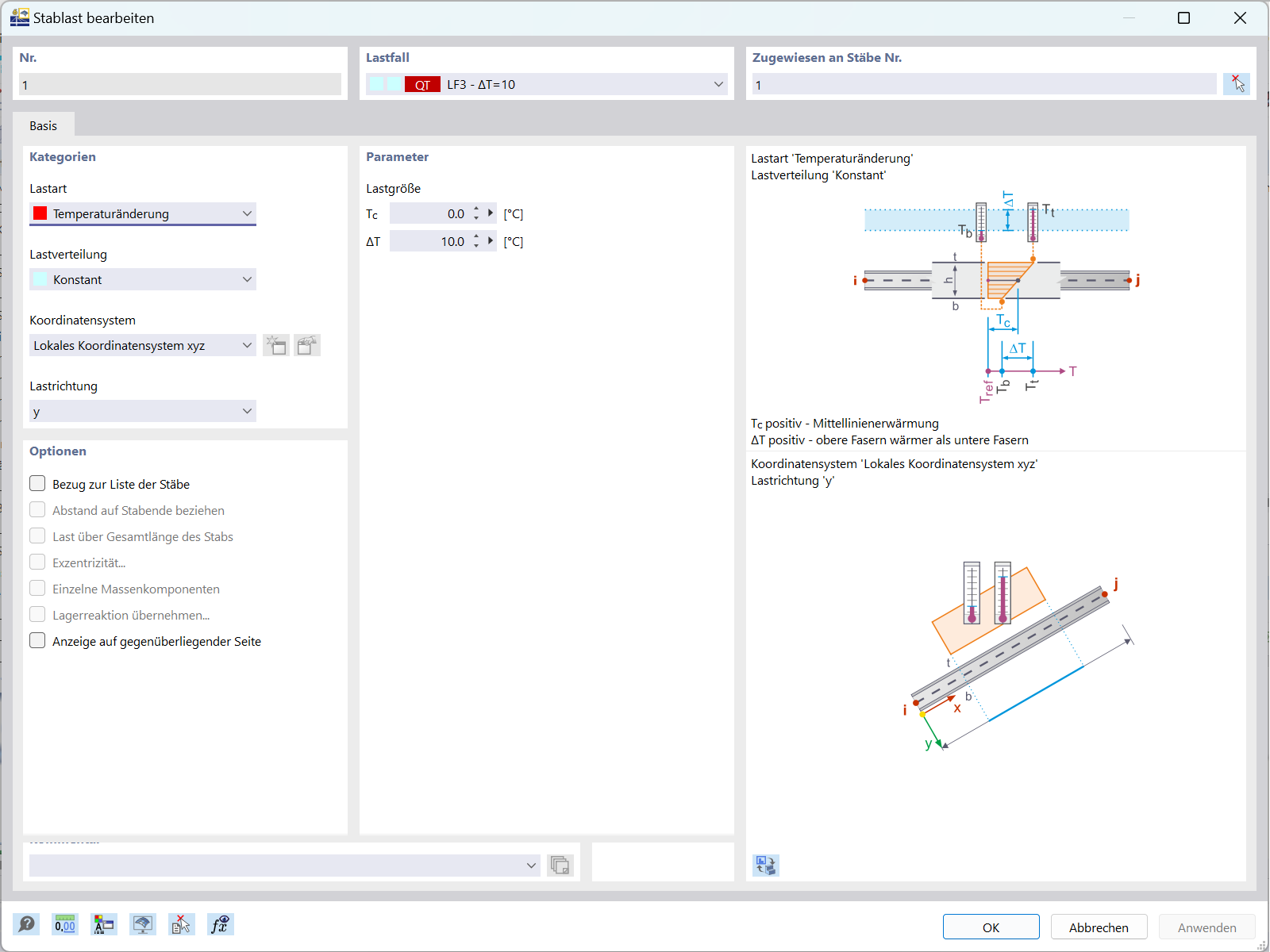 Visualisierung von RFEM 6 mit Einstellung des Lasttyps „Temperaturänderung“ und Anpassung der Mittellinientemperatur und der Temperaturdifferenz.