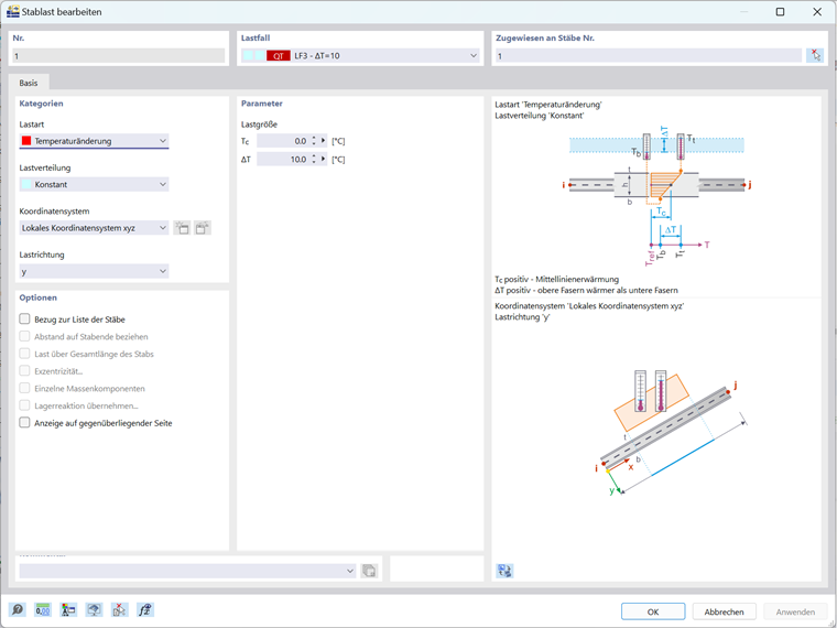 Visualisierung von RFEM 6 mit Einstellung des Lasttyps „Temperaturänderung“ und Anpassung der Mittellinientemperatur und der Temperaturdifferenz.