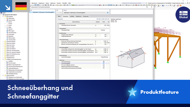 Technisches Feature von Schneeüberhängen und Schneefanggitterlösungen.
