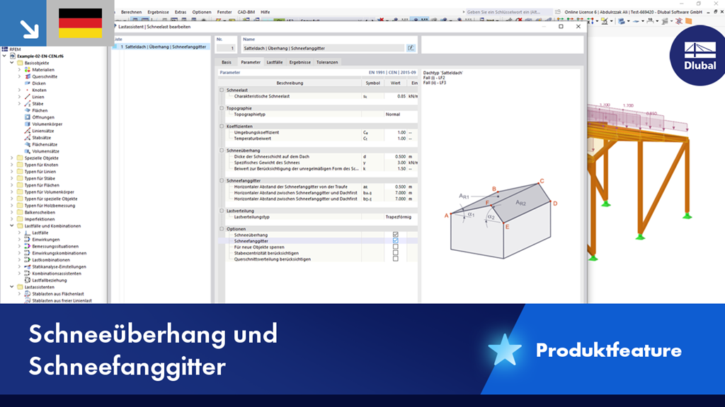 Technisches Feature von Schneeüberhängen und Schneefanggitterlösungen.
