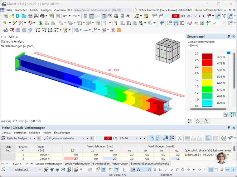 Trägerverformung durch Temperaturunterschiede in der RFEM-Simulation.