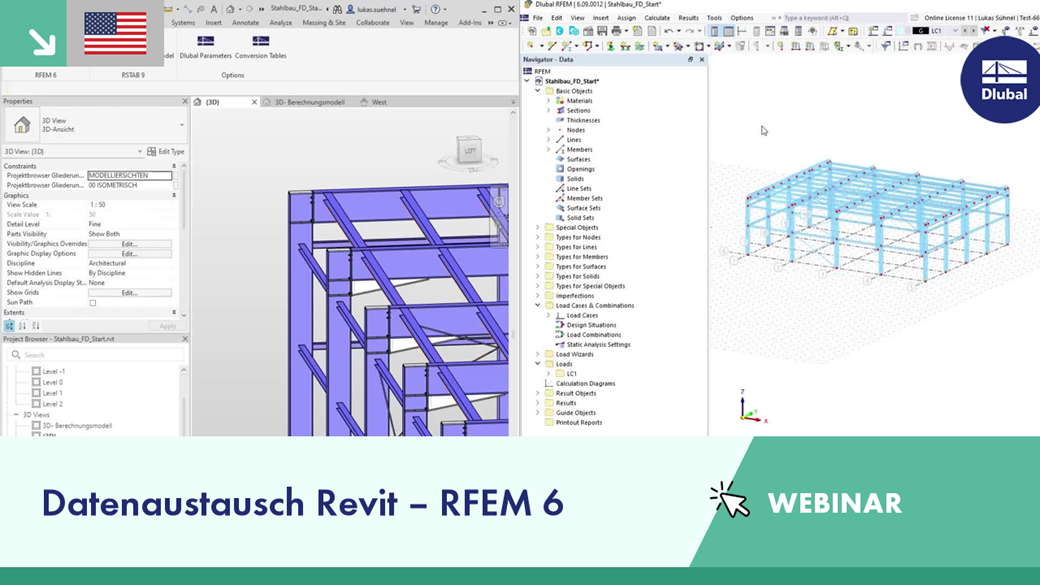 Bildschirm mit Webinar-Inhalt zum Datenaustausch von Revit nach RFEM 6 mit Erläuterung der technischen Details.