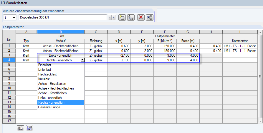 Bildschirm zeigt Eingabemaske für die Definition von Wanderlasten auf einem Fahrstreifen.