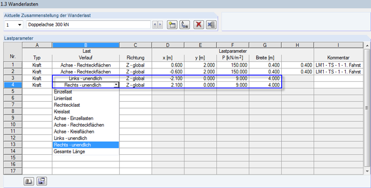Bildschirm zeigt Eingabemaske für die Definition von Wanderlasten auf einem Fahrstreifen.
