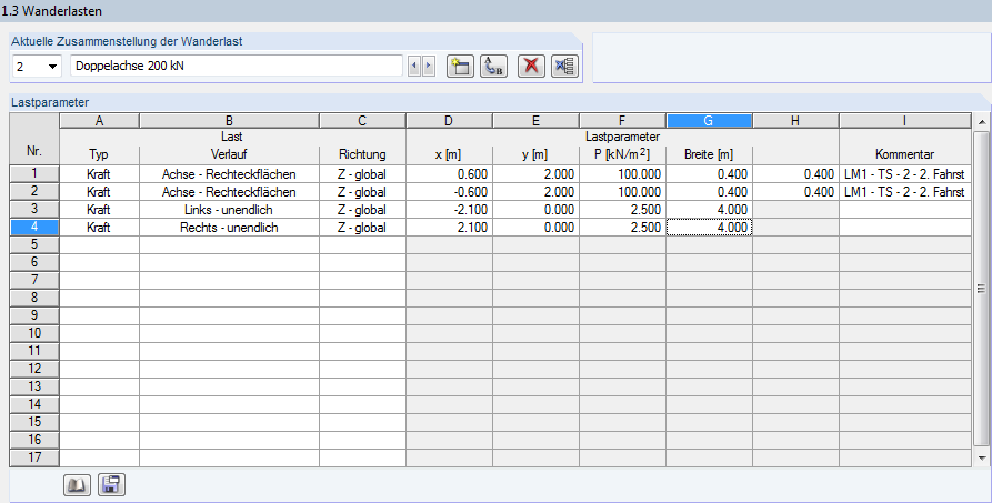 Möglichkeit zur Eingabe spezifischer Wanderlasten für den zweiten Fahrstreifen in einer Strukturmodellierung.