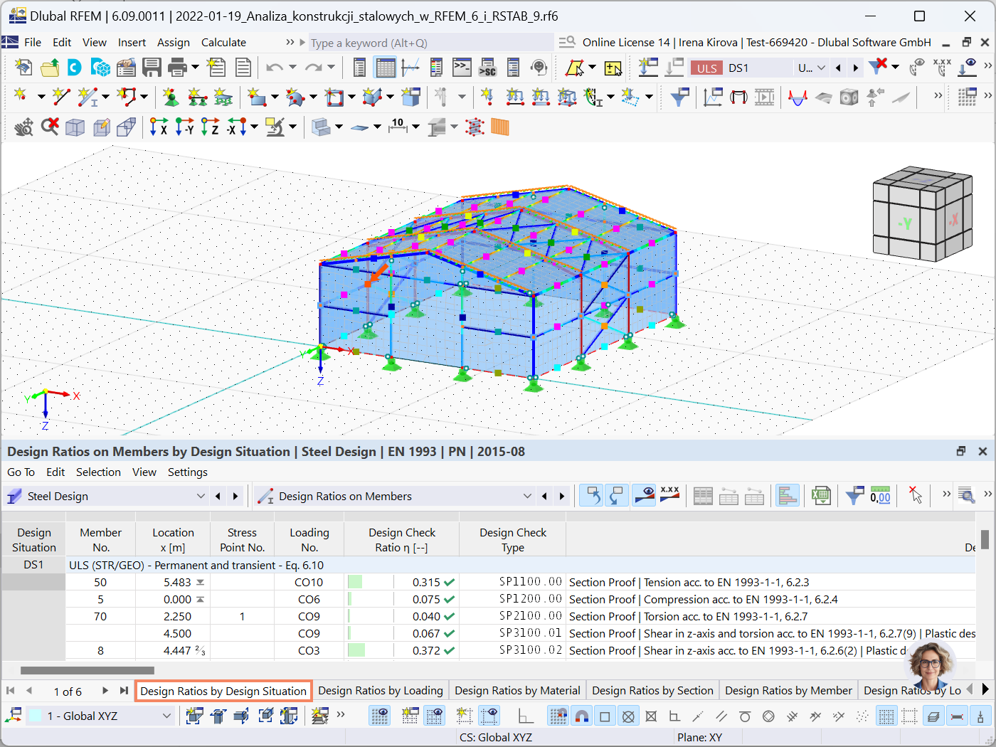 Das Bild zeigt die nach Bemessungssituationen geordneten Ausnutzungen der RFEM 6-Funktionalität "Stahlbemessung" und hebt die Bemessungskennwerte der Bauteile hervor.