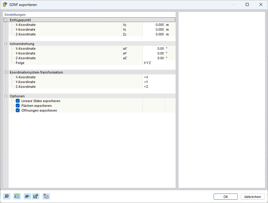 SDNF-Exportprozessschritte dargestellt in einem Software-Interface mit Diagrammen.