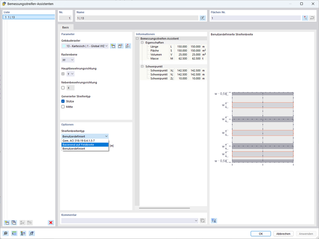 Assistent zur Bemessung von Streifen in einem Gebäuderaster mit variablen Breitenoptionen basierend auf Spannweite und Normen.