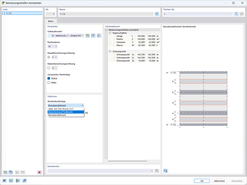 Assistent zur Bemessung von Streifen in einem Gebäuderaster mit variablen Breitenoptionen basierend auf Spannweite und Normen.