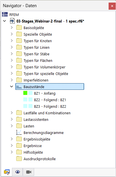 Navigationsanzeige mit eingegebenen Bauzuständen und entsprechenden Detaildaten.