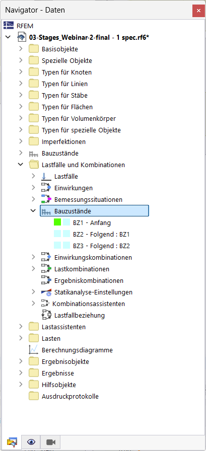 Navigationsbereich mit Auswahl für Lastfälle und -kombinationen. Übersichtliche Darstellung von strukturellen Eingabewerten im Bauwesen.