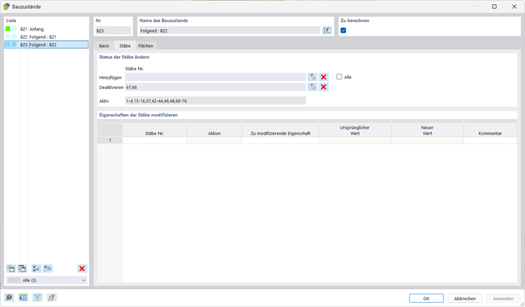 Visualisierung von Strukturobjekten im Bauzustand mit Optionen zum Hinzufügen und Deaktivieren.