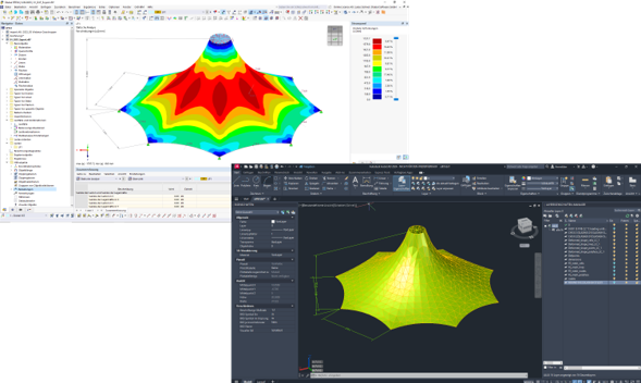 Computerbildschirm zeigt exportiertes FEM-Netz mit hervorgehobener verformter Strukturform in einem Software-Modell.