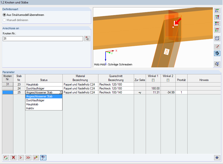 Anzeige der Anpassung von Stabstatus und Knoten in einer Bauplanungssoftware.