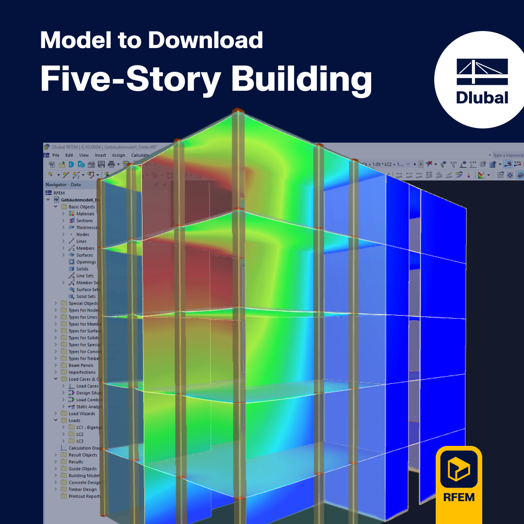 Detailliertes Modell eines fünfgeschossigen Gebäudes mit modernen konstruktiven Lösungen und Materialeffizienz unter Verwendung von RFEM.