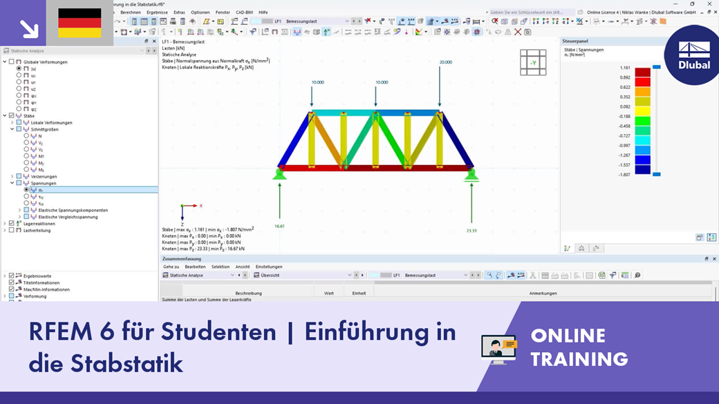 Online-Training zur Einführung in die Stabstatik mit RFEM 6 für Studenten.