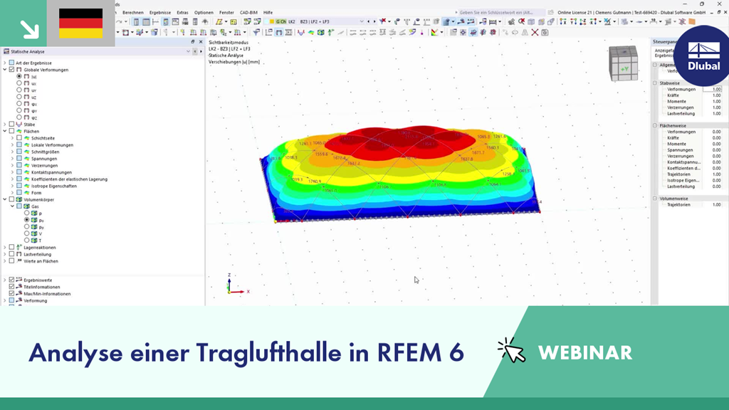 Simulation einer Traglufthalle in der Software RFEM 6 zur strukturellen Integritätsüberprüfung.